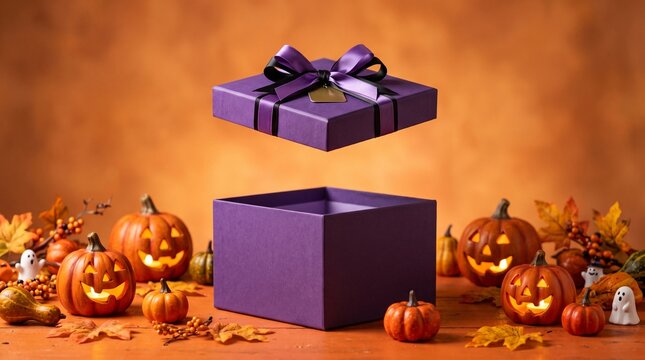 open purple gift box surrounded by carved halloween pumpkins, autumn leaves, and ghost decorations on orange background