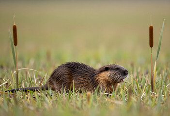 Fototapeta premium Wildlife conservation and wetland ecosystem, muskrat foraging in marsh grass with cattails in natural habitat during spring season in the wilderness