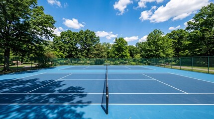 Fototapeta premium Blue hardcourt tennis court with sharp white lines and a black net standing empty amid lush green park trees under a brilliant sunny sky.