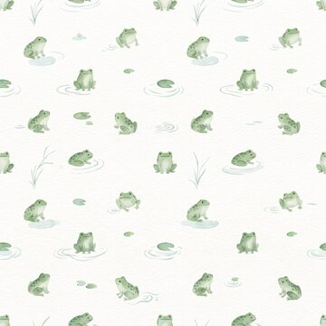 Cute frog seamless pattern. Watercolor baby frog illustration. Green foliage textile design. Childish wallpaper with animals. Delicate pastel nursery background. Friendly frog illustration