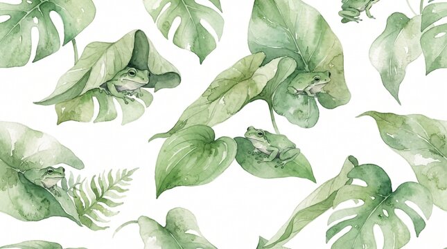 Cute frog seamless pattern. Watercolor baby frog illustration. Green foliage textile design. Childish wallpaper with animals. Delicate pastel nursery background. Friendly frog illustration
