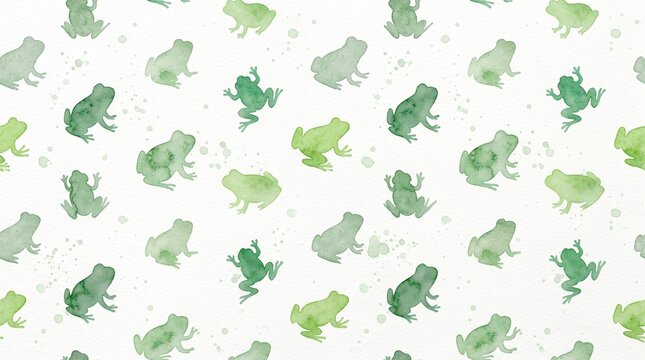 Cute frog seamless pattern. Watercolor baby frog illustration. Green foliage textile design. Childish wallpaper with animals. Delicate pastel nursery background. Friendly frog illustration