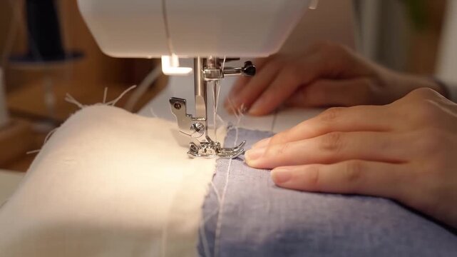 Woman sewing fabric on modern sewing machine. Seamstress hands stitching linen cloth in workshop. Tailoring and handicraft, textile work and hobby concept