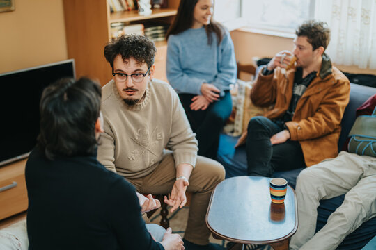 A small group of friends talk and drink coffee in a cozy living room. Casual home gathering with relaxed conversation and warm everyday atmosphere.