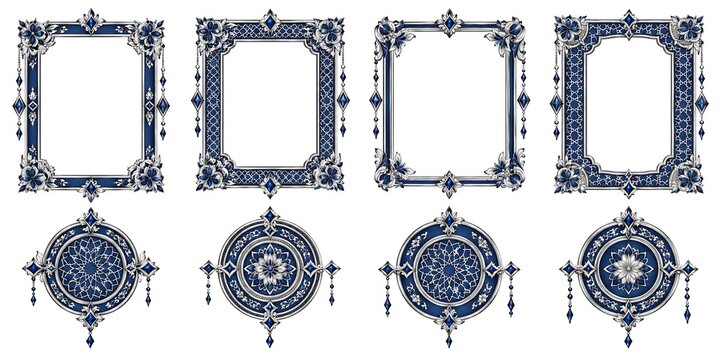 Vintage blue ornamental frames and mandala borders, set of 8 decorative baroque elements, elegant filigree borders for wedding invitations and luxury branding