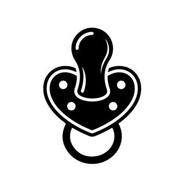 Black silhouette icon of a baby pacifier with heart-shaped shield and ring handle on a white background