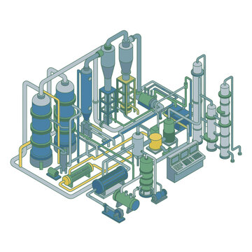 Creative Isometric of Industrial Chemical Processing Plant with Color Coded Pipes and Equipment