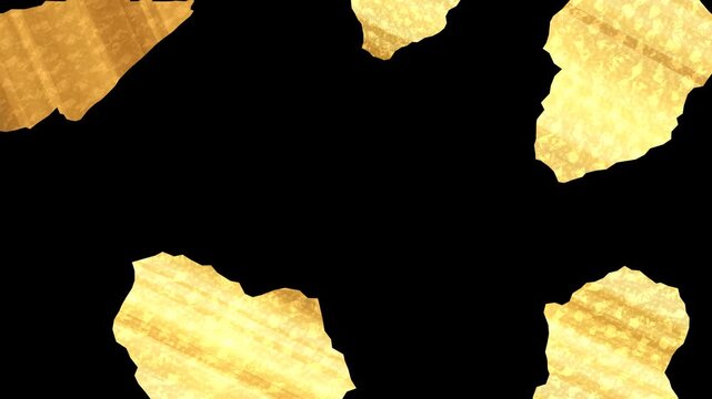 Large gold leaf flakes floating seamless loop on black background, five macro metallic foil sheets turning slowly with copy space, 4K motion graphic