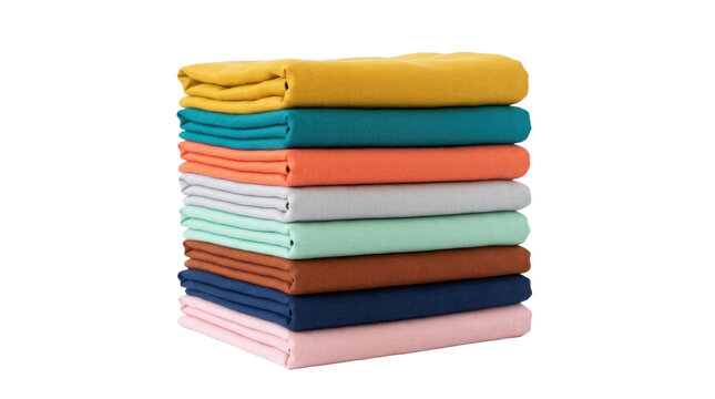 Stack of neatly folded colorful fabric sheets in solid hues for textile design, home decor, or craft projects