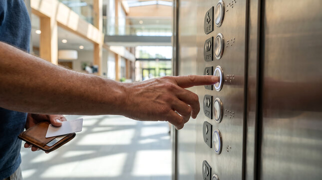 Close-up shot of a man pressing a button on a modern elevator control panel with braille and accessibility icons, holding a leather wallet and white access card in a bright corporate office lobby