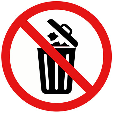 Prohibition sign featuring a trash can with a red diagonal line, indicating a no littering or no trash disposal policy in this specific area