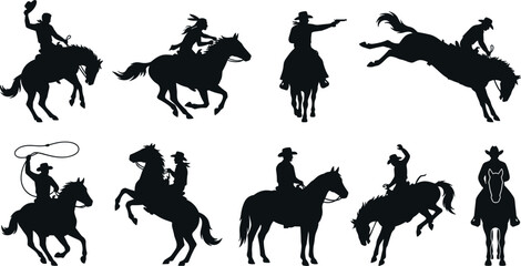 Fototapeta premium Wild West Cowboy Silhouette Vector Set with Horse Riders, Rodeo Bronc Riding, Lasso Roping, and Native American Warriors for Retro Western Graphic Designs