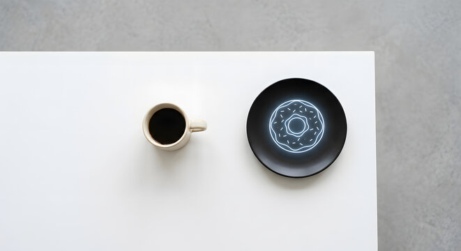 Top Down View of White Office Desk with Holographic Glowing Donut Line Art on Plate - Augmented Reality Concept with Virtual Hologram Donut