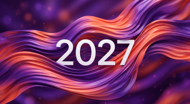 New Year 2027 Celebration Poster Featuring Elegant Purple and orange Fabric Drapes with Festive Confetti Background