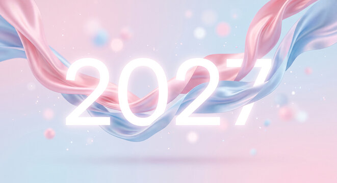 New Year 2027 Celebration Poster Featuring Elegant Pink and Blue Fabric Drapes with Festive Confetti Background