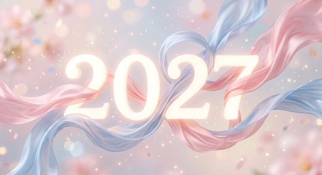 New Year 2027 Celebration Poster Featuring Elegant Pink and Blue Fabric Drapes with Festive Confetti Background