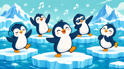 Obraz premium Cute Penguin Family Enjoying a Winter Picnic Under Northern Lights