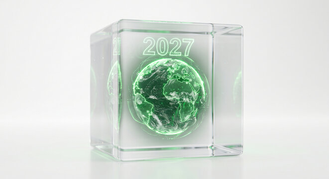 Futuristic 2027 world map featuring glowing global connections and lush green plants representing sustainable growth