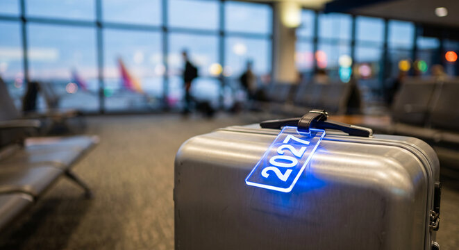 Suitcase with a Travel Tag Displaying the Year 2027 at an Airport