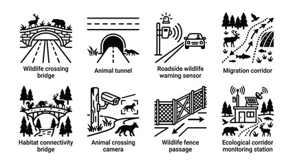 Fototapeta premium Wildlife Conservation Icons: A collection of diverse icons illustrating various methods of wildlife conservation, including bridges, tunnels, sensors, fences.