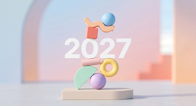 Pastel-colored geometric shapes triangles, quadrilaterals, and others arranged alongside the year "2027".