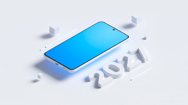 A minimalist-style phone from 2027 in white, suitable for mobile technology, digital connectivity, or futuristic devices.