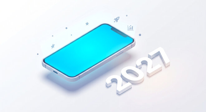 A minimalist-style phone from 2027 in white, suitable for mobile technology, digital connectivity, or futuristic devices.