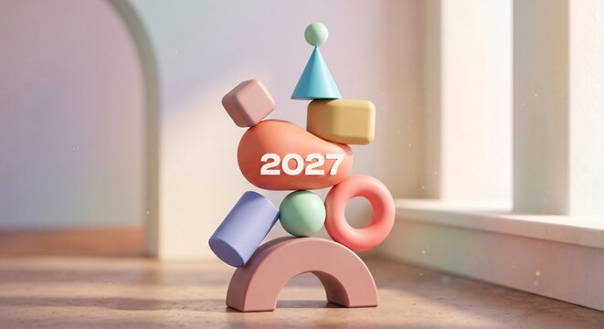 Pastel-colored geometric shapes triangles, quadrilaterals, and others arranged alongside the year "2027".