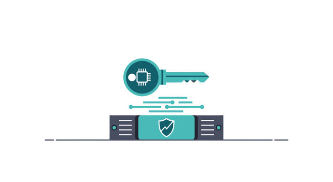 Cybersecurity Icon Illustration of Digital Key and Secure Server Rack for Data Protection