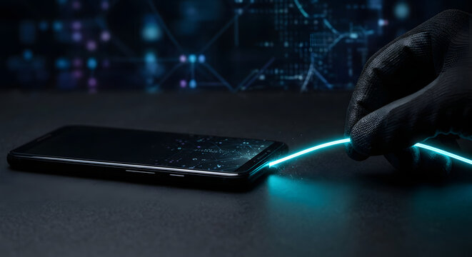 Gloved Hand Stealing Glowing Fiber Optic Data Line from Smartphone Screen - Cyber Security Concept with Hacker Pulling Luminous Data Thread from Mobile Device