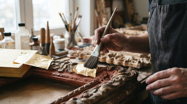 Artisan hands applying 24k gold leaf with gilders tip brush restoration