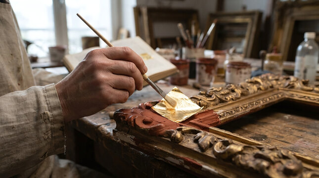 Artisan hands applying 24k gold leaf with gilders tip brush restoration