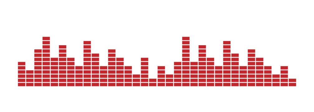 Red digital equalizer sound wave made from small square bars. Minimal audio spectrum visualization in bright red pixel style. Modern music technology symbol isolated on white background.