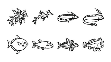Obraz premium Collection of Marine Creature Illustrations: A set of whimsical line drawings showcases various aquatic animals, from the intricate seadragon to diverse fish species.