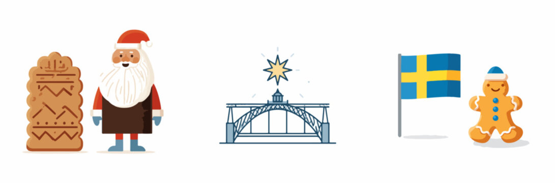 Swedish Santa Claus with Gingerbread, Bridge, and Flag Holiday Illustration