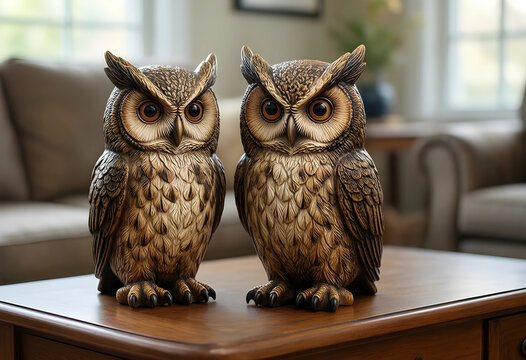 Wisdom and knowledge concept, two decorative owl figurines standing on a wooden table in a cozy home living room interior for education and learning