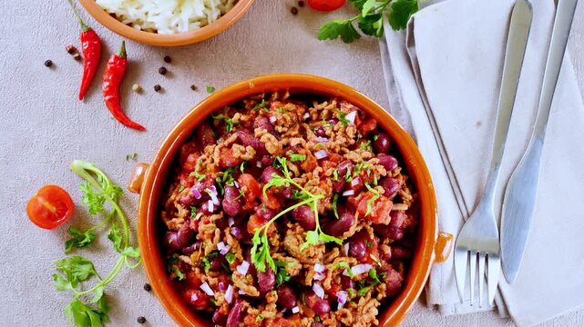 chili con carne with kidney beans minced beef rice and chili peppers on table
