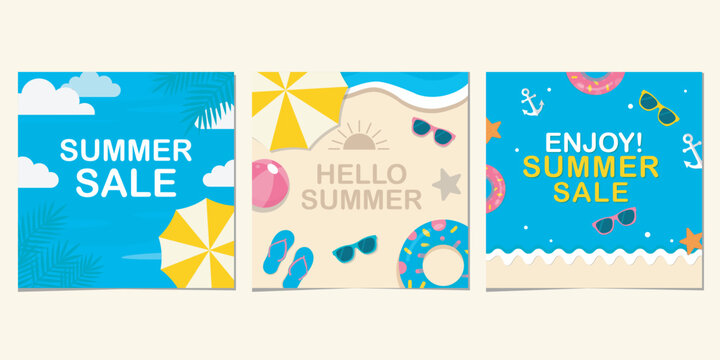Set of three summer sale social media post templates with beach elements like umbrellas, sunglasses, flip flops, and pool floats on blue and sand backgrounds