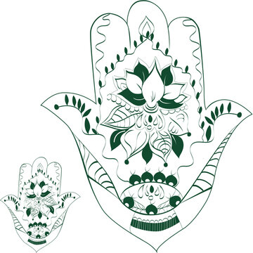 Green Hamsa Hand with Lotus Henna Tattoo