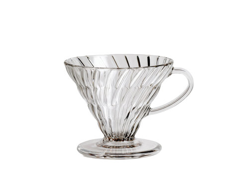 A transparent conical brewing device featuring internal grooves designed for optimal water flow and extraction during the coffee preparation process