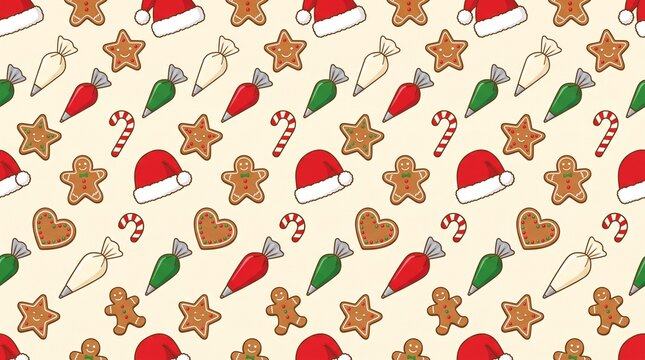 Seamless Christmas pattern tile with Santa gingerbread cookies and holiday elements