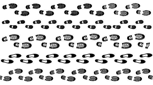 Black footprint patterns, set of various shoe tread imprints on a white background, track