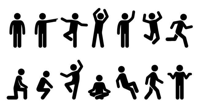 Collection of black stick figure silhouettes in various poses on a white background, pictogram icon human