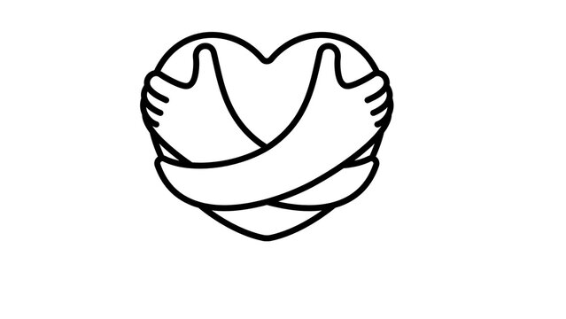 Minimalist heart hug line art illustration, self love and mental health concept icon, simple black and white embrace symbol for wellness branding