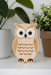 Obraz premium Education and wisdom concept, wooden owl figurine for nursery decor and child development, minimalist interior design with house plants on a white shelf