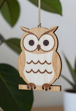 Wisdom and education concept, wooden owl ornament hanging as a symbol of knowledge and learning for school classroom decor or nursery interior design