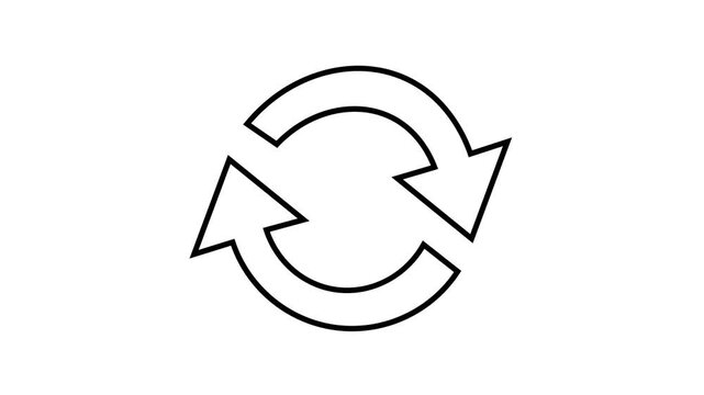 Minimalist 2D line art animation on a solid white background featuring two curved arrows forming a circular sync or refresh symbol.