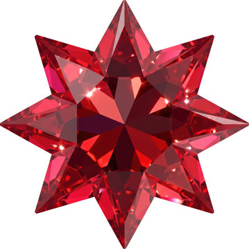 3D red crystal star rhinestone with diamond-like brilliance, gemstone sparkle, faceted surface, realistic light reflection and dispersion.