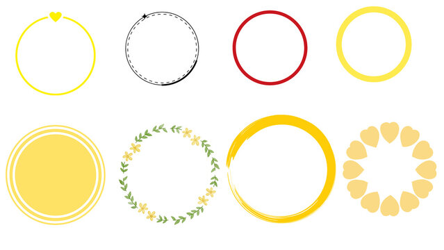Minimalist circle frames set, 8 decorative round borders in yellow and red, hand drawn floral and geometric circular wreaths for graphic design