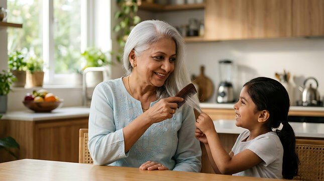 Joyful intergenerational bonding between grandmother and granddaughter sharing a hairbrush in a cozy, sunlit kitchen creating